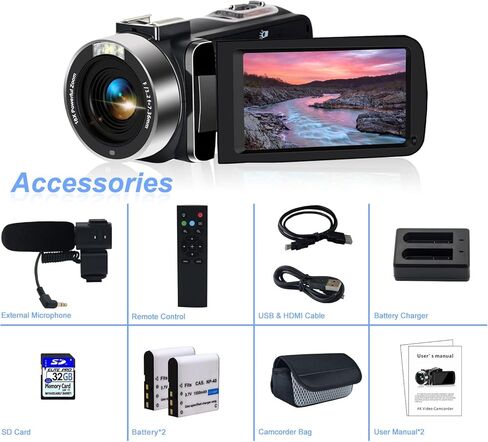Camcorders Video Camera 4k with 3" Touch Screen and 32G Card, WiFi Digital Camera, 18X Digital Zoom, Vlogging Camera for YouTube Video Recording, Kids Video Camera, Remote, Microphone in Kuwait