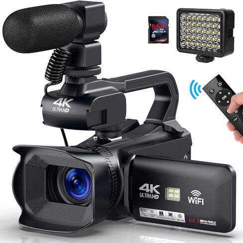 Video Camera Camcorder 4K, Video Camera Auto Focus Vlogging Camera for YouTube 64MP 60FPS WiFi Webcam 4" Touch Screen 18X Digital Zoom with Lens Hood, Stabilizer, Microphone, 64G SD Card, Fill Light in Kuwait