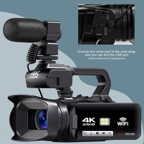 Video Camera Camcorder 4K, Video Camera Auto Focus Vlogging Camera for YouTube 64MP 60FPS WiFi Webcam 4" Touch Screen 18X Digital Zoom with Lens Hood, Stabilizer, Microphone, 64G SD Card, Fill Light in Kuwait