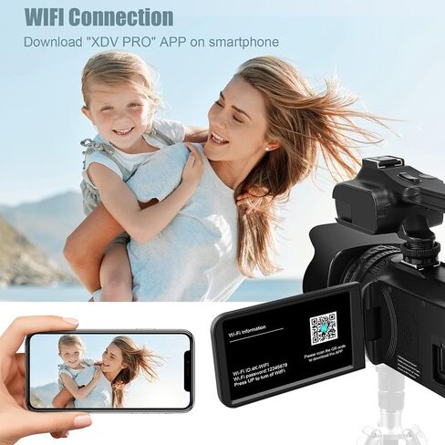 Video Camera Camcorder 4K, Video Camera Auto Focus Vlogging Camera for YouTube 64MP 60FPS WiFi Webcam 4" Touch Screen 18X Digital Zoom with Lens Hood, Stabilizer, Microphone, 64G SD Card, Fill Light in Kuwait