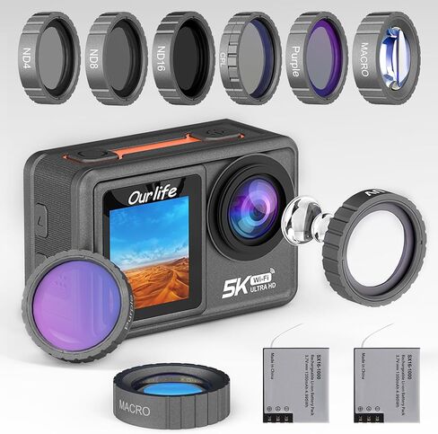Ourlife Action Camera 5K 30FPS, Ultra HD Waterproof Sports Camera with 6PCS UV Lens Filter, 48MP Photos, Front LCD and Touch Rear Screen, 2 Batteries, Diving Mode Underwater Camera in Kuwait