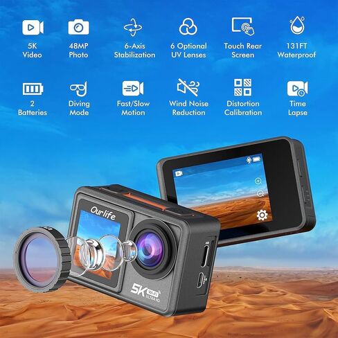 Ourlife Action Camera 5K 30FPS, Ultra HD Waterproof Sports Camera with 6PCS UV Lens Filter, 48MP Photos, Front LCD and Touch Rear Screen, 2 Batteries, Diving Mode Underwater Camera in Kuwait