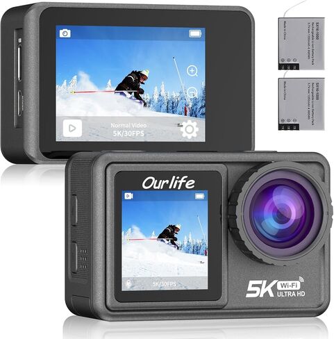 Ourlife Action Camera 5K 30FPS, Ultra HD Waterproof Sports Camera with 6PCS UV Lens Filter, 48MP Photos, Front LCD and Touch Rear Screen, 2 Batteries, Diving Mode Underwater Camera in Kuwait