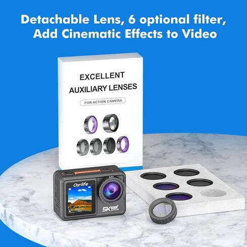 Ourlife Action Camera 5K 30FPS, Ultra HD Waterproof Sports Camera with 6PCS UV Lens Filter, 48MP Photos, Front LCD and Touch Rear Screen, 2 Batteries, Diving Mode Underwater Camera in Kuwait