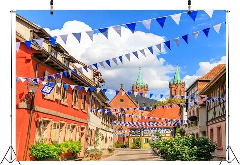 BELECO 15x10ft Fabric Oktoberfest Backdrop Germany Bavaria Town Street with Bavarian Flags Beer Festival Backdrop Rothenburg ob der Tauber Background Munich Carnival Party Decor Photo Studio Props in Kuwait