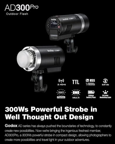 غودوكس فلاش ستروب AD300 برو AD300 برو 300 واط 2.4G TTL HSS 1/8000s، بطارية ليثيوم 2600mAh، وقت اعادة التدوير 0.01-1.5 ثانية، 12 واط ثنائي اللون قابل للتعتيم in Saudi Arabia