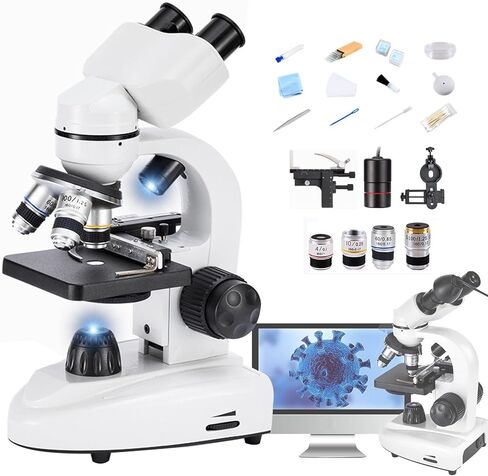Lab Compound Binocular Microscopes 40X-6000X/10000/20000X Magnification with 2.0MP Electric Eyescope,Capturing Image,Recording Video, WF10X WF25X,Dual Power Supply Methods,10000X in Saudi Arabia