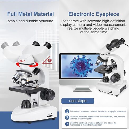 Lab Compound Binocular Microscopes 40X-6000X/10000/20000X Magnification with 2.0MP Electric Eyescope,Capturing Image,Recording Video, WF10X WF25X,Dual Power Supply Methods,10000X in Saudi Arabia