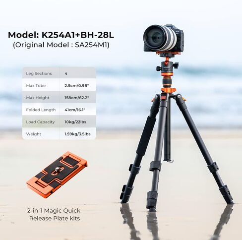 K&F Concept 62''/160cm Camera Tripod,Lightweight and Compact Super Portable Aluminum DSLR Tripod with Monopod,10KG Load Capacity Ball Head,Quick Release Plate for Travel and Work A234A1 in Saudi Arabia