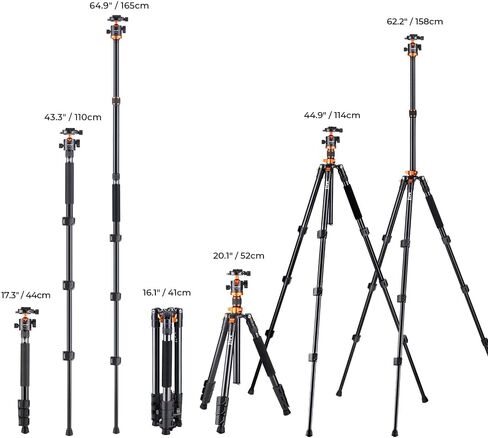 K&F Concept 62''/160cm Camera Tripod,Lightweight and Compact Super Portable Aluminum DSLR Tripod with Monopod,10KG Load Capacity Ball Head,Quick Release Plate for Travel and Work A234A1 in Saudi Arabia