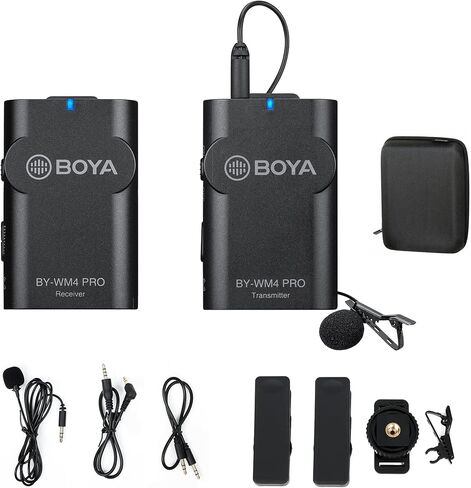 ميكروفونات BOYA by-WM4 PRO-K2 (TX+TX+RX)، نظام ميكروفون لاسلكي 2.4 جيجا هرتز متوافق مع كاميرات DSLR وكاميرات الفيديو وأجهزة iPhone والهواتف الذكية التي تعمل بنظام Android وأجهزة الكمبيوتر الشخصية والأجهزة اللوحية in Kuwait