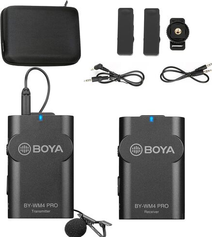ميكروفونات BOYA by-WM4 PRO-K2 (TX+TX+RX)، نظام ميكروفون لاسلكي 2.4 جيجا هرتز متوافق مع كاميرات DSLR وكاميرات الفيديو وأجهزة iPhone والهواتف الذكية التي تعمل بنظام Android وأجهزة الكمبيوتر الشخصية والأجهزة اللوحية in Kuwait