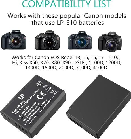 LP LP-E10 Battery Charger Pack, 1600mAh 2-Pack Battery & Dual Slot Charger, Compatible with Canon EOS Rebel T7, T6, T5, T3, T100, 4000D, 3000D, 2000D, 1500D, 1300D & More (Not for T3i T5i T6i T6s T7i) in Saudi Arabia