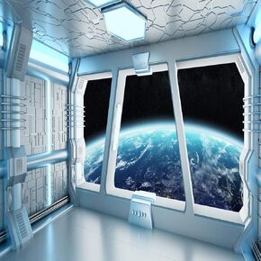 LYWYGG 7x5FT Vinyl Spaceship Interior Background Futuristic Science Fiction Photography Backdrops Spacecraft Cabin Photo Shoot Studio Props Astronomy Universe Galaxy Outer Space Station CP-214 Blue in Kuwait