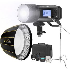 Flashpoint XPLOR 400PRO TTL Battery-Powered Monolight + Flashpoint 10' Century Light Standon Turtle Base Kit w/40in Grip Arm, 2 Gobo Heads, Baby Pin (Chrome), Glow EZ Lock Deep Parabolic Quick Softbox in Kuwait
