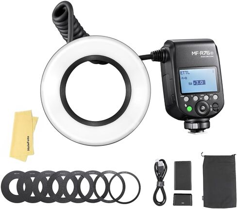 Godox MF-R76C TTL LED حلقة فلاش صغيرة، CCT 5900K 550 طاقة كاملة، 76Ws HSS 2.4G 0.1-1s وقت إعادة التدوير أنابيب فلاش مزدوجة Speedlight وحلقات محول شاشة LCD لـ Canon Caremas in Kuwait