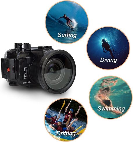 يمكن استخدام ضفادع البحر لكاميرا Canon EOS M6 مع عدسة مقاس 18-55 مم بطول 130 قدمًا/40 مترًا، وغطاء مقاوم للماء للكاميرا تحت الماء (مبيت + فلتر أحمر) in Saudi Arabia