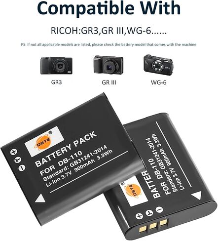 DSTE Replacement for 2X DB-110 Li-ion Battery + DC16 Travel and Car Charger Adapter Compatible Ricoh GR III Compatible Ricoh WG-6 Compatible Ricoh G900 Compatible Ricoh G900SE Camera as Li-90B BJ-11 in Saudi Arabia