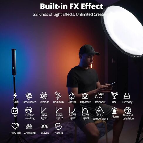 AMBITFUL A2 مصباح أنبوبي RGB بالألوان الكاملة، CRI 95 TLCI 97 لون دقيق، 2500k-8500K قابل للتعديل، وضع RGB CCT HSI، تأثير ضوء 29 Fx، دعم التحكم في التطبيق، سطوع قابل للتعديل، تصميم مغناطيسي (A2) in Kuwait