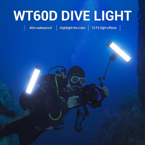 Godox WT60D Underwater LED Tube Light,Max 70W,CRI 96+ TLCl 96+,CCT 5600K±300K,13 FX Effects,APP Control,0%~100% Dimmable lP68/40m Dive Depth LED Video Light,for Vlogging,Scuba Diving,Snorkel,Surfing in Saudi Arabia