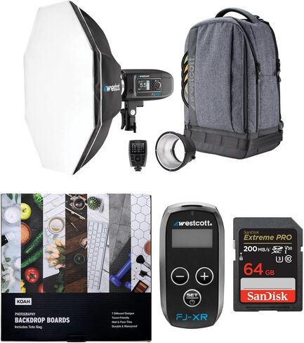 Westcott FJ400 Strobe 1-Light Backpack Kit with FJ-X3 S Wireless Trigger for Sony Cameras Bundle with Backdrop Boards, Wireless Receiver, and 64GB Memory Card (4 Items) in Saudi Arabia