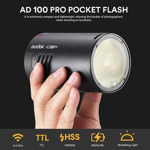 Godox AD100Pro Flash Monolight، 100W 2.4G Wireless HSS 1/8000s Pocket Flash، خفيف الوزن مدمج، بطارية ليثيوم 2600 مللي أمبير في الساعة 360 طاقة كاملة، ومضات TTL مع مشغل فلاش لاسلكي Godox XProII-C TTL in Saudi Arabia