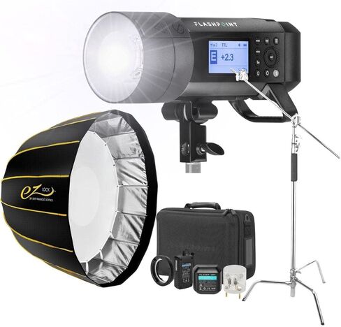 Flashpoint XPLOR 400PRO TTL Battery-Powered Monolight + Flashpoint 10' Century Light Standon Turtle Base Kit w/40in Grip Arm, 2 Gobo Heads, Baby Pin (Chrome), Glow EZ Lock Deep Parabolic Quick Softbox in Kuwait