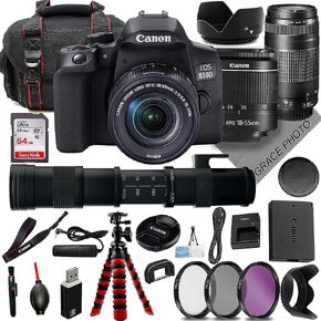 حزمة Canon EOS 850D/Rebel T8i: تتضمن عدسة STM مقاس 18-55 مم + عدسة EF مقاس 75-300 مم + عدسة مقاس 420-800 مم + حامل ثلاثي القوائم قوي، وبطاقة ذاكرة سعة 64 جيجابايت، وحقيبة حمل متينة، ومجموعة مرشحات مكونة من 3 قطع، لمنشئي المحتوى in Saudi Arabia
