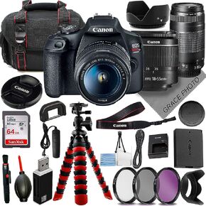 Canon Rebel T7 Bundle: Includes 18-55mm is II Lens & EF 75-300mm Lens, Sturdy Tripod, 64GB Memory Card, Durable Carry Case, and 3-Piece Filter Kit,for Content Creators in Saudi Arabia