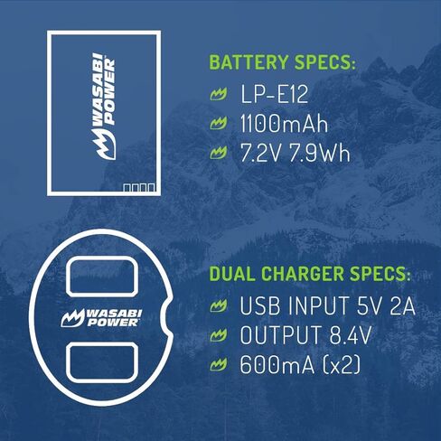 Wasabi Power LP-E12 Battery (2-Pack) and Dual USB Charger for Canon EOS M, EOS M10, EOS M50, EOS M50 MII, EOS M100, EOS M200, EOS Rebel SL1 (EOS 100D), PowerShot SX70 HS in Saudi Arabia