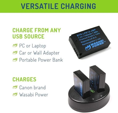 Wasabi Power LP-E12 Battery (2-Pack) and Dual USB Charger for Canon EOS M, EOS M10, EOS M50, EOS M50 MII, EOS M100, EOS M200, EOS Rebel SL1 (EOS 100D), PowerShot SX70 HS in Saudi Arabia