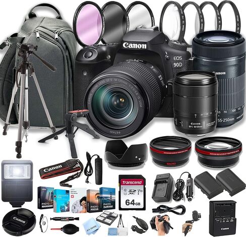 كاميرا Canon EOS 90D DSLR مع عدسة EF-S مقاس 18-135 مم f/3.5-5.6 هي عدسة تكبير USM + عدسة STM مقاس 55-250 مم f/4-5.6 + بطاقات ذاكرة سعة 64 جيجابايت، حزمة صور احترافية (حزمة 42 قطعة) in Saudi Arabia