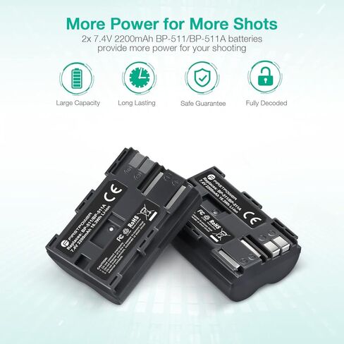 FirstPower BP-511 BP-511a Battery 2-Pack 2200mAh and Dual USB Charger for Canon EOS 5D 10D 20D 20Da 30D 40D 50D 300D D30 D60 and More Camera in Kuwait