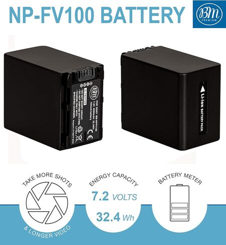 BM 2-Pack of NP-FV100 Batteries and Charger for Sony HDR-CX455 CX675 CX260 CX290 CX330 CX380 CX430V CX580V CX760V CX900 PJ430V PJ540 PJ580V PJ650V PJ670 PJ710V PJ760V PV790V PJ810 FDR-AX33 AX53 AX100 in Saudi Arabia