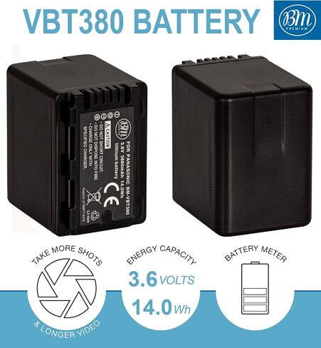 BM Premium 2 VW-VBT380 Batteries and Charger for Panasonic HC-V800K, HC-VX1K, HC-WXF1K, HCV510, HCV520, HC-V550, HCV710, HC-V720, HC-V750, HC-V770, HC-VX870, HC-VX981, HCW580, HC-W850, HC-WXF991 in Saudi Arabia