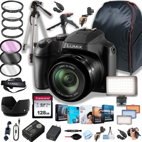 كاميرا باناسونيك لوميكس FZ80 4K الرقمية، كاميرا فيديو 18.1 ميجابيكسل، عدسة تكبير 60X DC Vario 20-1200 مم، قوة O.I.S. التثبيت، شاشة LCD مقاس 3 بوصات تعمل باللمس، وWi-Fi + فيديو سعة 64 جيجابايت - حزمة الملحقات in Saudi Arabia