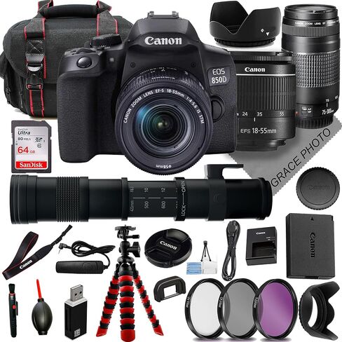 Canon EOS 850D/Rebel T8i Bundle: Includes 18-55mm is STM Lens + EF 75-300mm Lens + 420-800mm Lens + Sturdy Tripod, 64GB Memory Card, Durable Carry Case, and 3-Piece Filter Kit, for Content Creators in Saudi Arabia