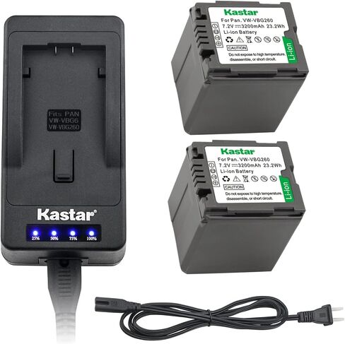 Kastar LED Super Fast Charger + 2 Battery Replacement for Panasonic VW-VBG260 VW-VBG130 AG-AC7 AF100 AG-HMC40 AG-HMC80 AG-HMC150 HDC-HS250 HDC-HS300 HDC-HS700 HDC-SD600 HDC-SD700 HDC-SDT750 HDC-TM300 in Kuwait