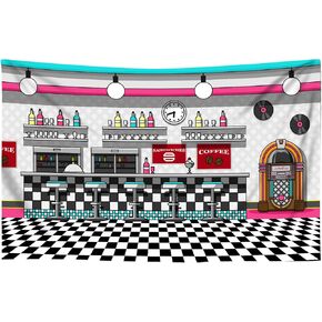 5x3ft Soft Fabric 50s Retro Rock N Roll Diner Party Backdrop Sock Hop Dance Cosplay Prom Photography Background Classic 1950s Baby Adult Birthday Wedding Banner Photo Booth RBJLSME021
