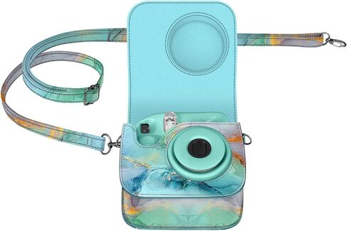 حافظة Fintie الواقية لكاميرا Fujifilm Instax Mini 7+ الفورية - غطاء حقيبة من الجلد النباتي الفاخر مع حزام قابل للتعديل قابل للإزالة، رخام زمردي in Kuwait