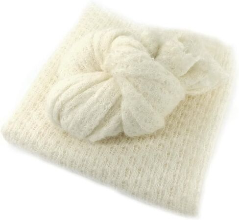 Honra 2Pcs Props for Newborn Photoshoot Mohair Wrap Headband Baby Photo Posing Photography Knit Textured Stretchy (Wrap only, Beige) in Saudi Arabia