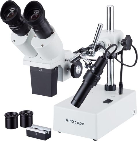 AmScope SE402Y Professional Binocular Stereo Microscope, WF10x and WF15x Eyepieces, 10X/15X/20X/30X Magnification, 1X and 2X Objectives, Tungsten Lighting, Boom-Arm Stand, 110V-120V in Saudi Arabia