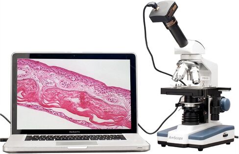 مجهر أحادي العين مركب رقمي M620B-8M من AmScope، عدسات WF10x وWF20x، تكبير 40x-2000x، برايتفيلد، إضاءة LED، مكثف آبي، مرحلة ميكانيكية، 110 فولت، يتضمن كاميرا 8 ميجابكسل مع عدسة تخفيض وبرامج in Saudi Arabia