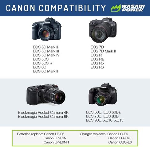 Wasabi Power LP-E6, LP-E6N Battery (2-Pack) and Charger for Canon EOS 5D Mark II/III/IV, 5DS, 5DS R, 6D, 6D Mark II, 7D, 7D Mark II, 60D, 70D, 80D, 90D, R, R5, R6, Ra, XC10, XC15, BMPCC 4K, BMPCC 6K in Saudi Arabia