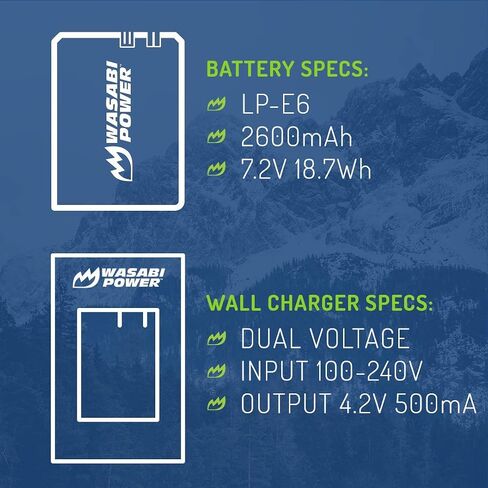 Wasabi Power LP-E6, LP-E6N Battery (2-Pack) and Charger for Canon EOS 5D Mark II/III/IV, 5DS, 5DS R, 6D, 6D Mark II, 7D, 7D Mark II, 60D, 70D, 80D, 90D, R, R5, R6, Ra, XC10, XC15, BMPCC 4K, BMPCC 6K in Saudi Arabia