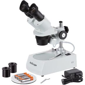 AmScope SE305R-PX-LED Forward-Mounted Binocular Stereo Microscope, WF5x and WF10x Eyepieces, 5X/10X/15X/30X Magnification, 1X and 3X Objectives, Upper and Lower LED Lighting, Reversible Black/White Stage Plate, Pillar Stand, 120V or Battery-Powered in Saudi Arabia