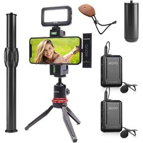 Movo iVlog-DI-Duo Wireless Lavalier Microphone for iPhone Vlogging Kit with Smartphone Rig, LED Light, and Tripod - Lightning Lapel Mic Compatible with iPhone and iPad Devices in Kuwait