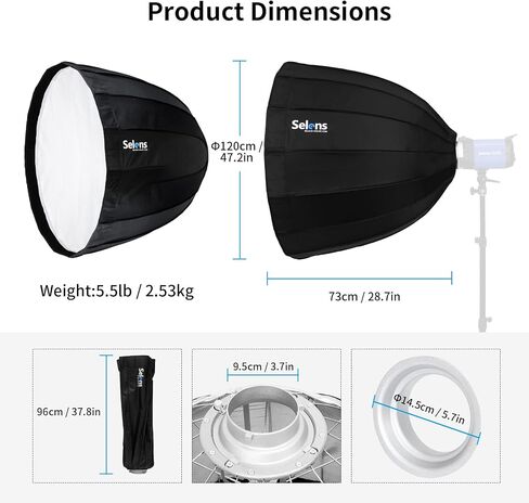 Selens Parabolic Deep Softbox 27.5 inches / 70 Centimeters Hexadecagon Quick Collapsible Umbrella Softbox with Bowens Speedring Mount for Photo Studio Lighting Flash Light in Kuwait