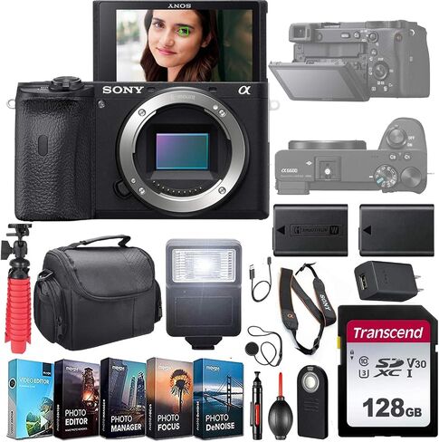 Sony Alpha a6600 Mirrorless Camera (ILCE6600/B) UHD 4K Body Kit + Extra Battery + Flash + 128GB U3 V30 Memory Accessory Bundle in Saudi Arabia