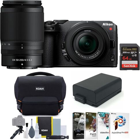 Nikon Z 30 Mirrorless with Z DX 16-50mm VR and NIKKOR Z DX 50-250mm Lenses Bundle with ENEL25 Battery, Gadget Bag with Accessory and Cleaning Kit, 64GB Memory Card and Software Suite v4.0 (4 Items) in Saudi Arabia